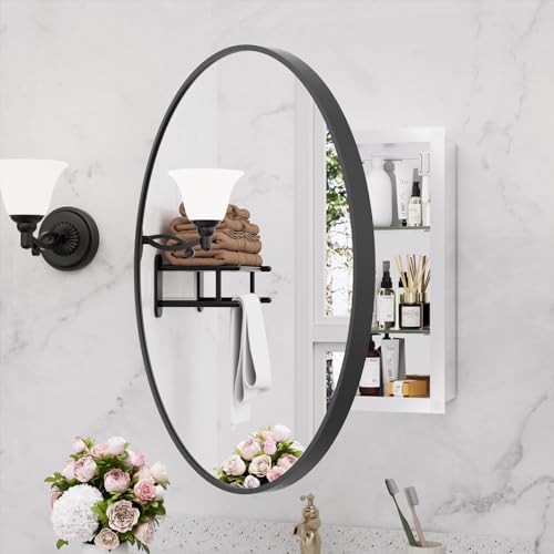 HOMECOOKIN Farmhouse Gold Metal Framed Recessed Bathroom Medicine Cabinet with Beveled Mirror Rounded Rectangle Bathroom Medicine Cabinet 16x24 inch