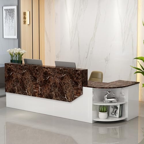 Modern Reception Desk with Counter, Office Reception Desk Curved Shaped Front Desk with Private Lockable Storage & Shelves for Office(Black+White Right,86.61