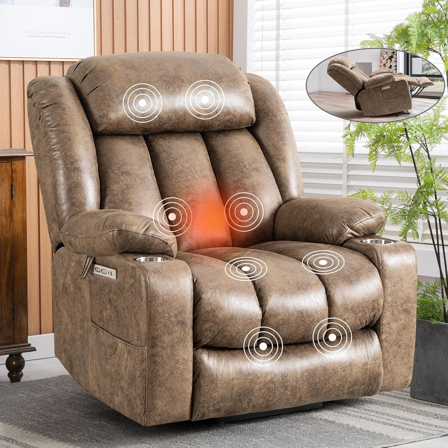 Extra Large Power Lift Chairs Recliners for Elderly with Heated and Massage, Overstuffed Lift Chairs, Breathable Leather, USB-A and USB-C, Cup Holder, Side Pocket, 1PC, Light Brown