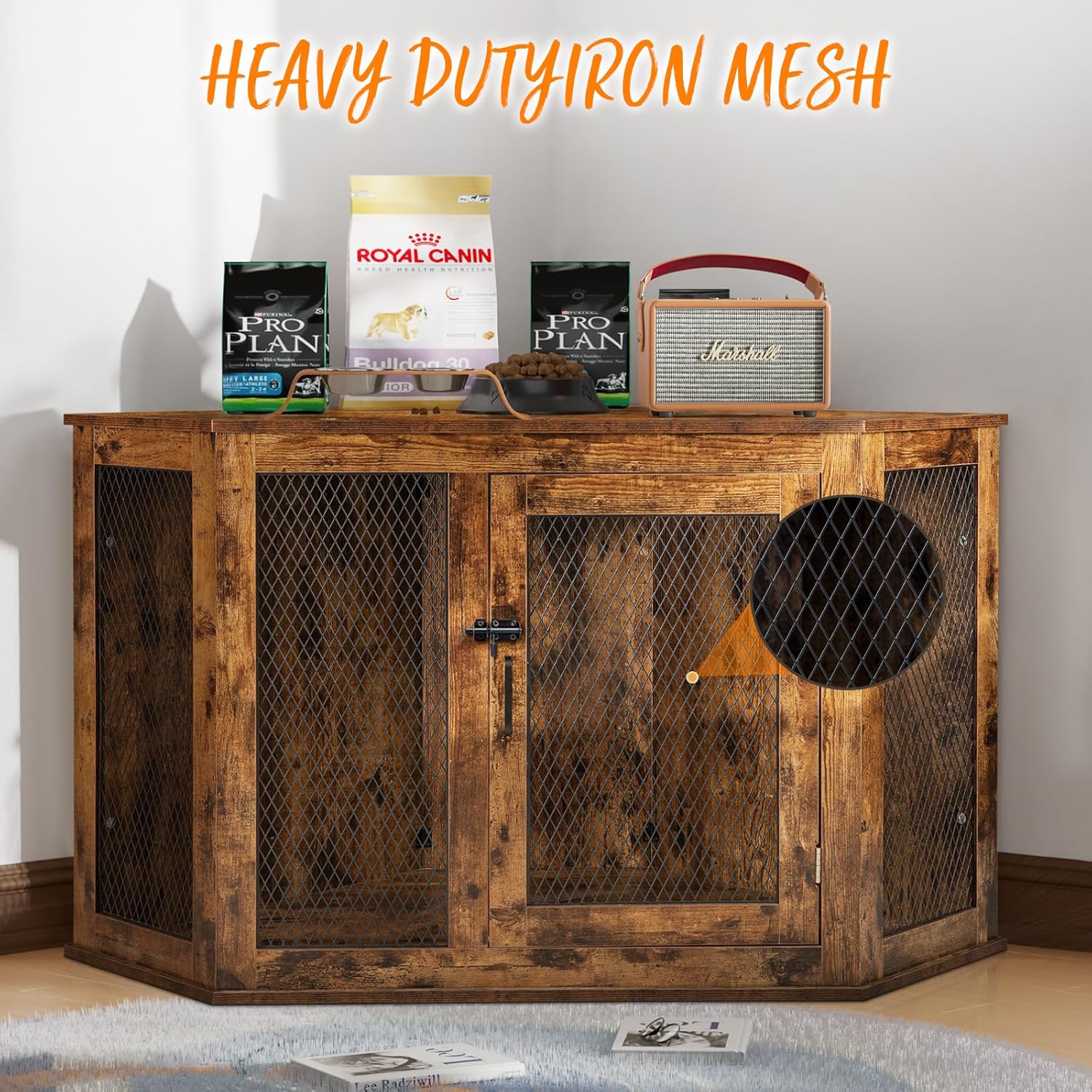 PUKAMI Corner Dog Crate Furniture,44/52inch Wooden Dog Kennel Furniture with Mesh,Decorative Wood Dog House for Indoor use,Dog Crate for Small/Medium/Large Dog,Perfect for Limited Room