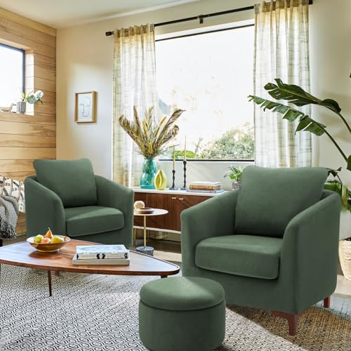 COLAMY Velvet Accent Chair with Storage Ottoman Set of 2, Upholstered Barrel Arm Chair with Footrest, Modern Living Room Chair with Back Pillow, Camel