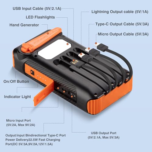 Solar Power Bank 20000mAh Built in Hand Crank and 4 Cables,22.5W Fast Charge Power Bank Solar Portable Charger LEDs Flashlight,Fast Charging Battery Pack for Outdoor Camping Survival Gear