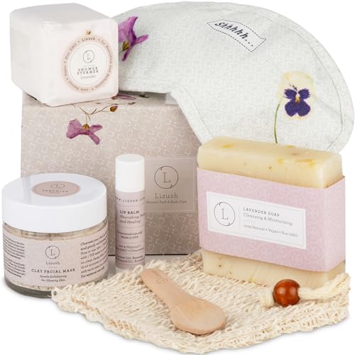 Lizush Luxury Spa Gifts for Women - 6 Piece Lavender Gifts for Her, Gift Baskets for Women, Body Care Set for Mom, Birthday Box, Self Care Spa Kit For Wife - Handmade In The USA