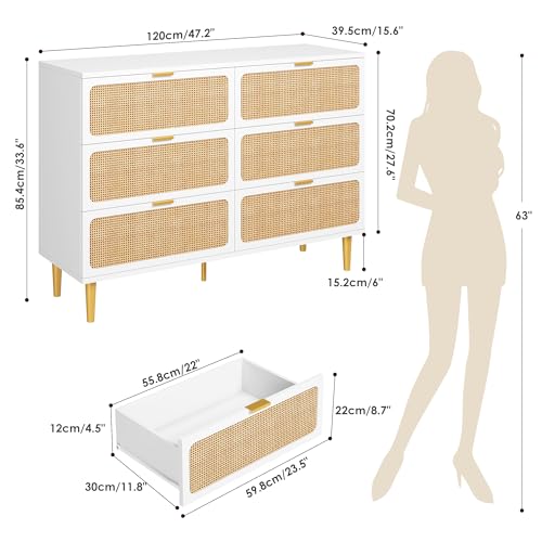 Rattan 5 Drawer Dressers for Bedroom, Tall Dresser with Deep Drawers, Large Chest of Drawers for Closet with Wide Top, Long Wooden Dresser for Living Room, Hallway, Kids Room, Black