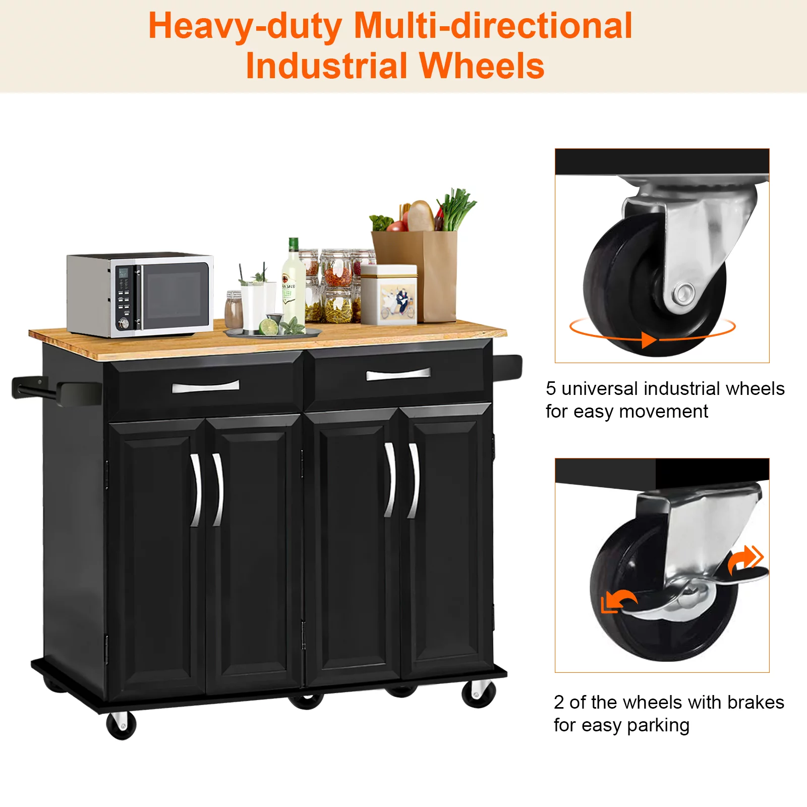 Codesfir Kitchen Island with Drawers and Large Storage Cabinet, Rolling Kitchen Serving Cart with Towel Holder Utility Trolley and Adjustable Shelves, Rubber Wood Top, Easy to Assembly,(Black)
