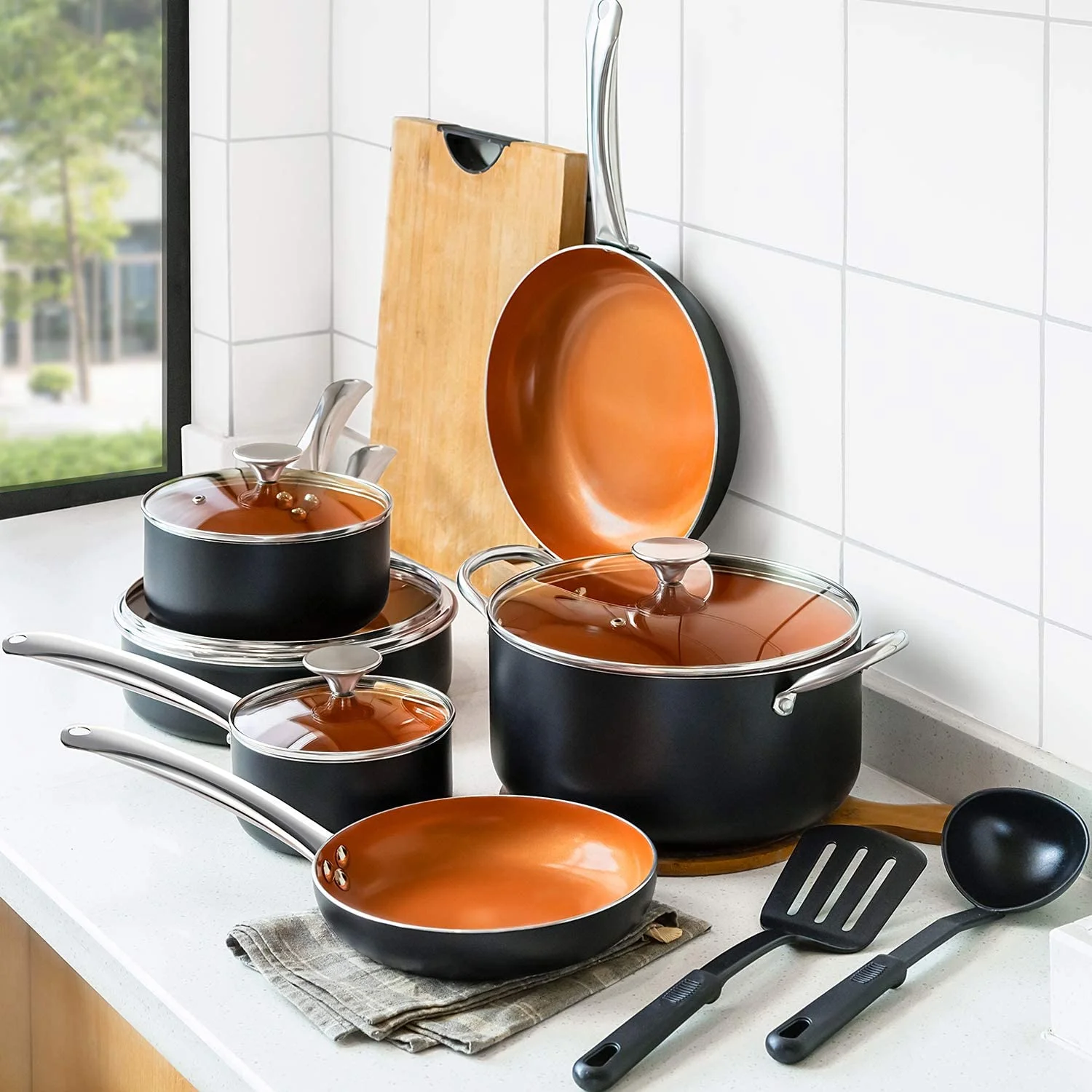 MICHELANGELO Pots and Pans Set 12 Pieces, Nonstick Copper Cookware Set with Ceramic Interior, Essential Copper Pots and Pans Set Nonstick, Ceramic Cookware Set 12 Piece with Spatula & Spoon