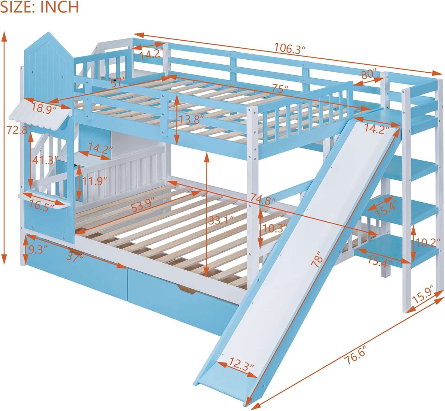 Harper & Bright Designs Full Over Full Bunk Bed with Stairs and Slide, Solid Wood Bunk Bed Frame with Storage Drawers and Bookshelf, for Kids Teens Girls Boys (Blue)