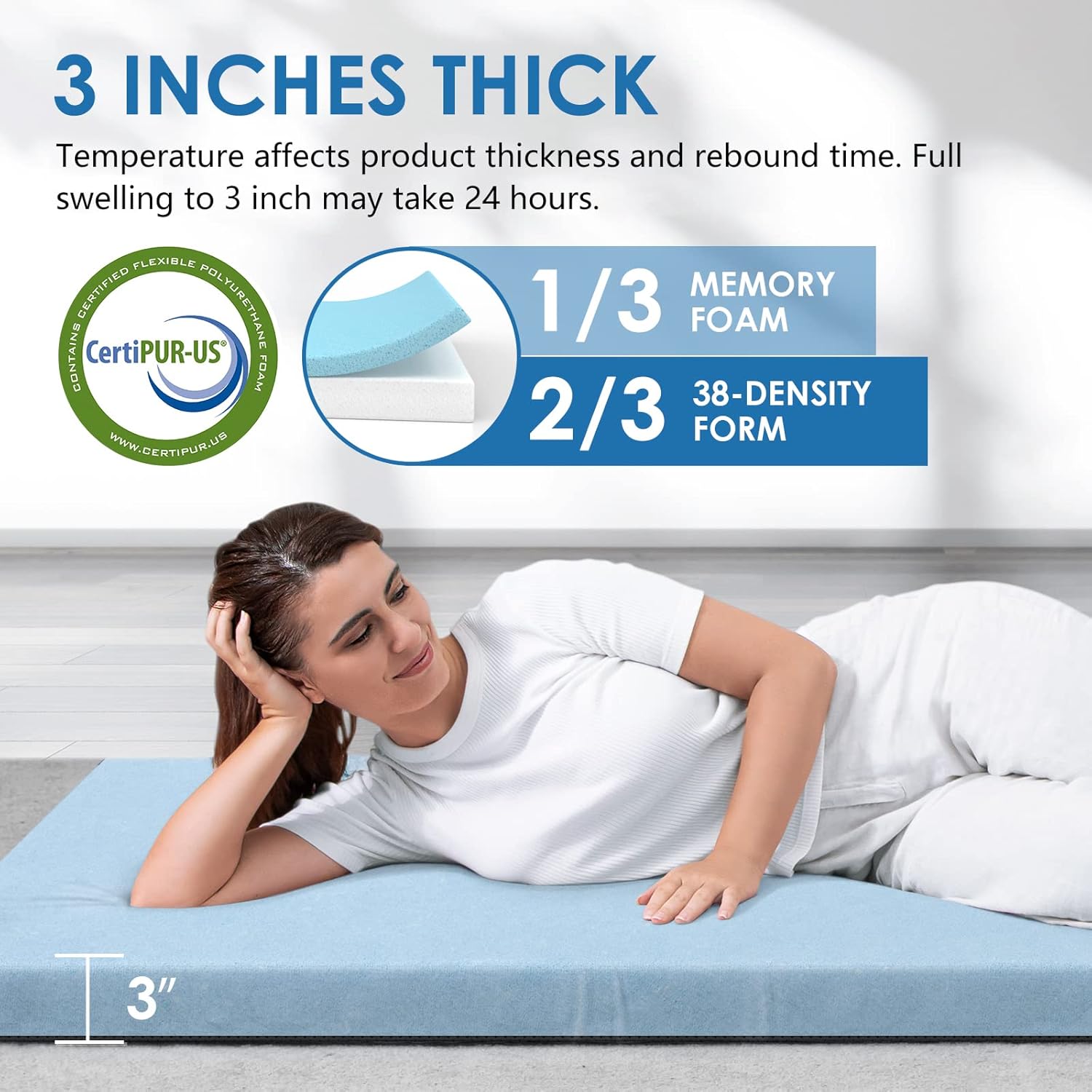 KingChii CertiPUR-US Memory Foam Camping Mattress, Portable Roll Up Travel Car Camping Mattress Sleeping Pad & Floor Mattress, Cot Mattress Guest Bed for Sleepover with Waterproof Cover & Travel Bag