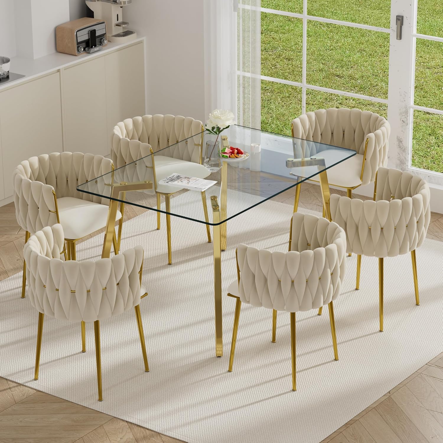 Gold Glass Dining Table Set for 6, 51'' Modern Rectangle Dinner Room Table Set, 7 PCS Clear Glass Top Retro Kitchen Table Set, Beige Woven Dining Chair for Living Room Small Apartment