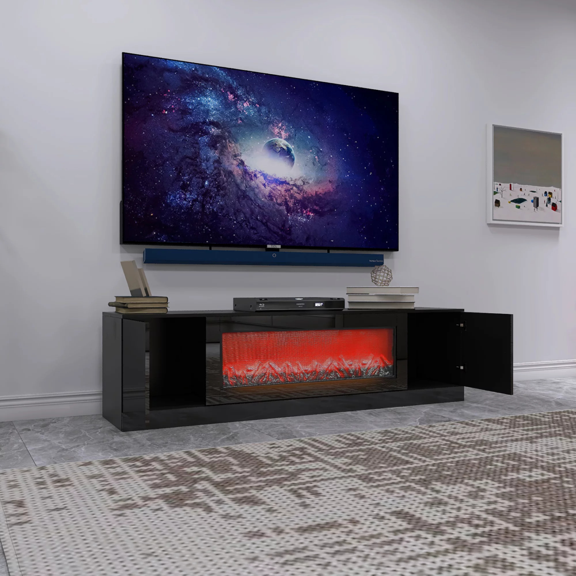 Modern Black Electric Fireplace TV Stand - Wood Texture, High Glossy Surface - No Heating, Removable Partition (1 Box)