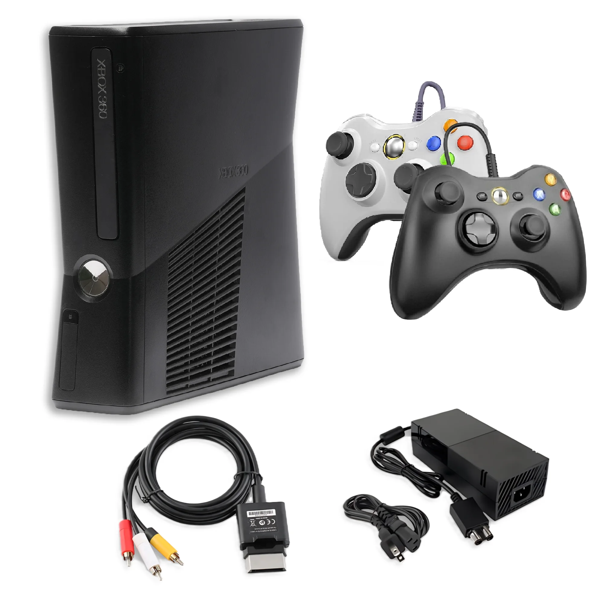 Restored Xbox 360 S 4GB Game Console Black with 2 Retrofam Black and White Game Controllers (Refurbished)