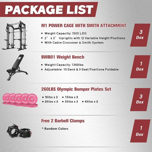 RitFit M1 Smith Machine with Cable Crossover System, Multi-function Squat Rack Power Cage for Home Gym, Power Rack and Packages