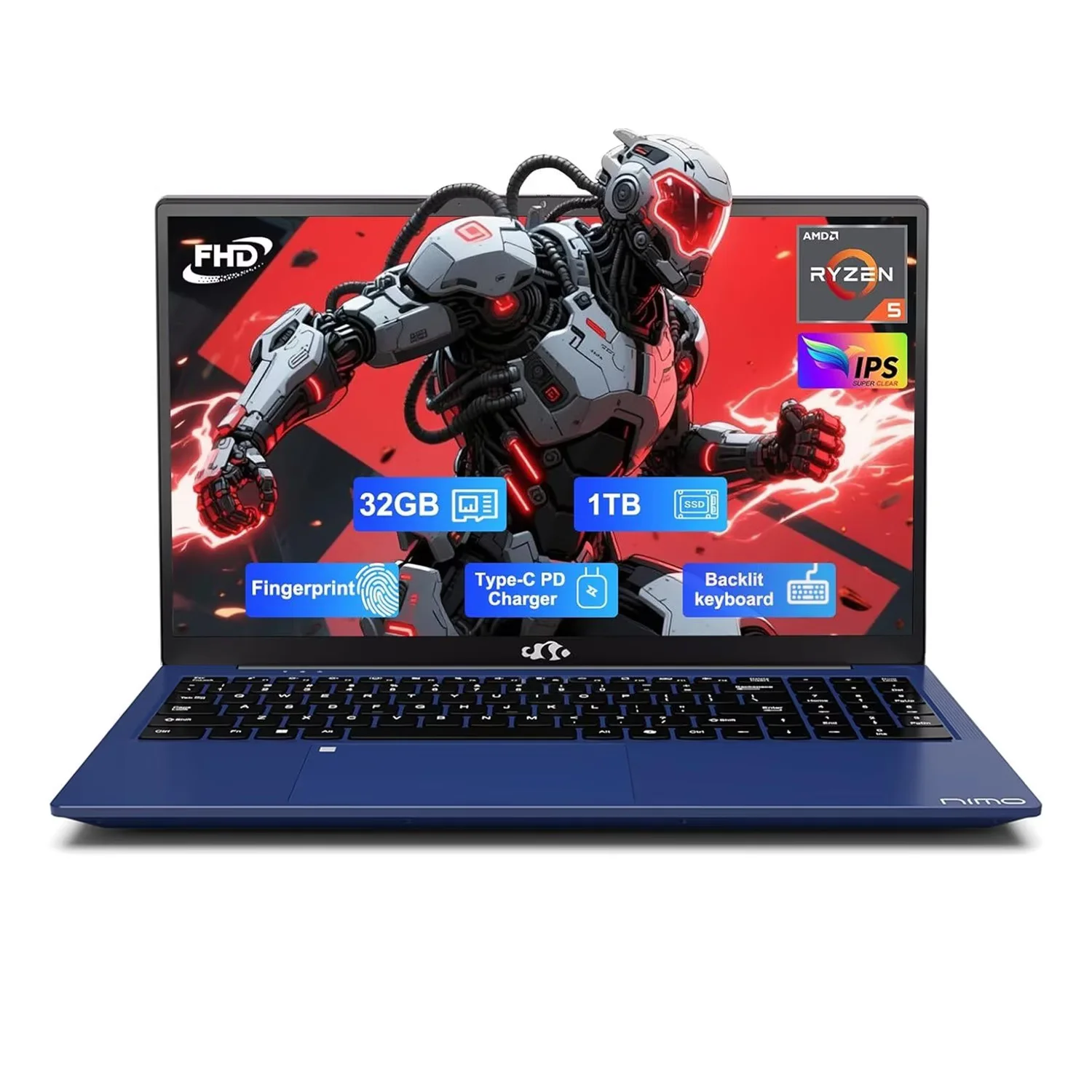 15.6" FHD Business Laptop 32GB RAM 1TB SSD AMD Ryzen 5(Beat i3-1215U, 4 Cores Up to 3.7GHz) 65W Type-C Fingerprint Backlit Keyboard IPS-Computer Wi-Fi 5 BT5.2 Blue