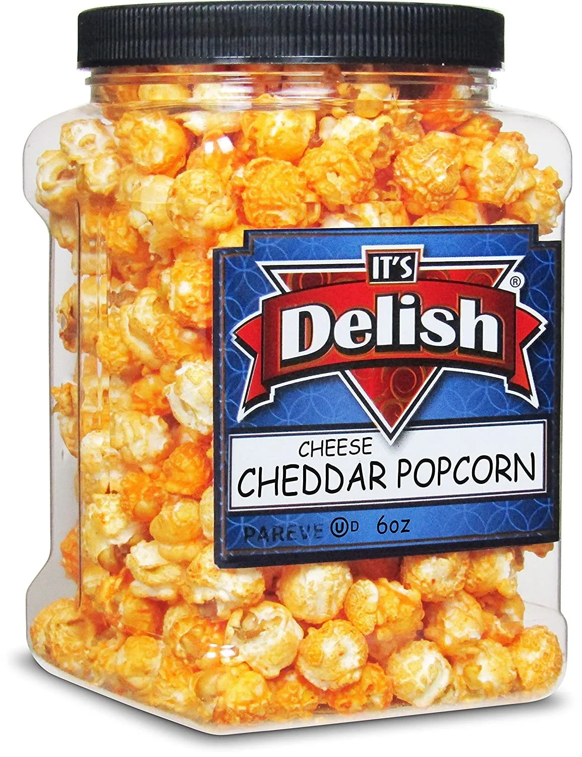 Gourmet Cheddar Cheese Popcorn by It's Delish, 6 Oz Jumbo-Sized Reusable Container Jar  Festive Caramel Corn Air Popped Sweet and Crunchy Glazed Carmel Corn Snack, Movie Night, Parties, Events -...