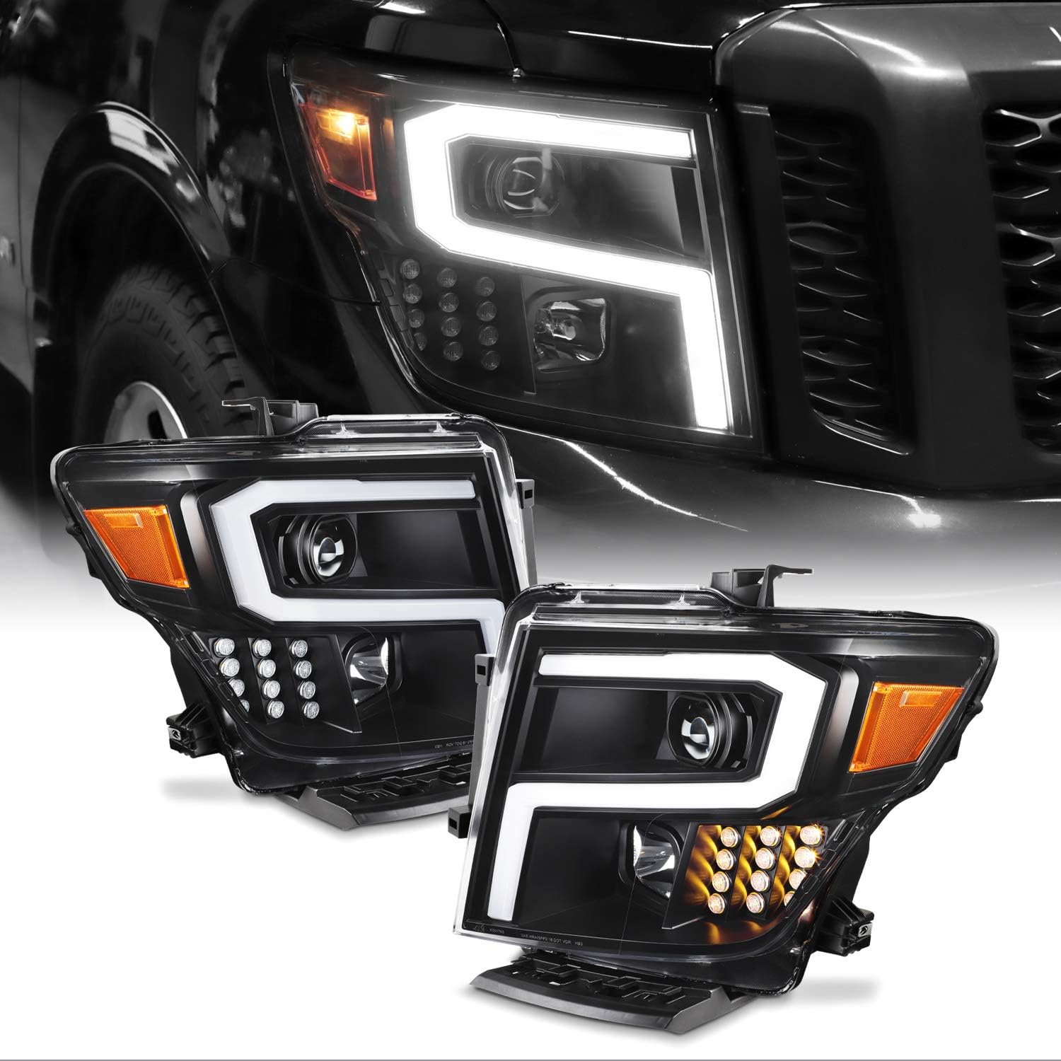 AKKON - For 2016-2019 Nissan Titan Projector LED DRL Light Bar Pair Headlights - Chorme Assemblies