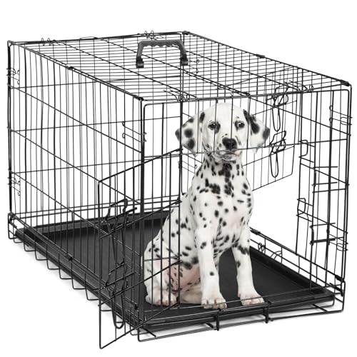 DUMOS Dog Crate, 36 Inch Medium Double Door Dog Cage with Divider Panel and Plastic Leak-Proof Pan Tray, Folding Metal Wire Pet Kennel for Indoor, Outdoor, Travel
