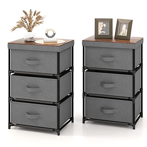 GOFLAME Fabric Dresser Set of 2 with 2 Drawers, Nightstand for Bedroom, Bedside Table with Removable Fabric Bins & Handles, Sofa Side Table, End Table for Living Room, Entryway, Black & Rustic Brown