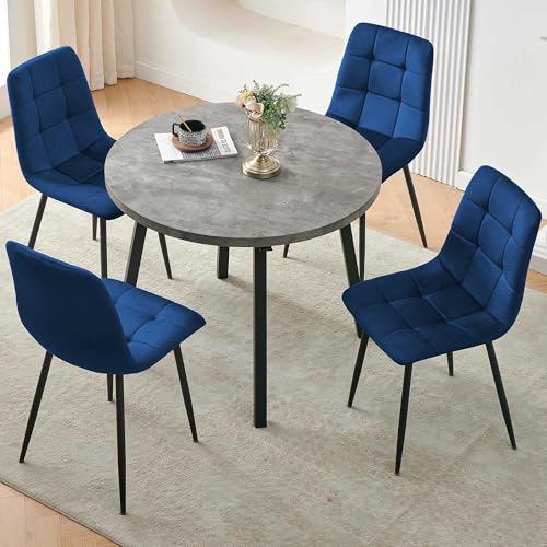 Modern 4-Person Round Dining Table Set, Space-Saving for Kitchen, Living Room, Apartment, includes Dining Table & 4 Grey Chairs,Small Dining Room Set for 4