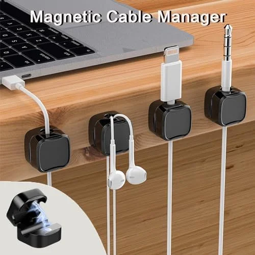 12 Pack Magnetic Cable Clips Cord Organizer Black Self Adhesive Cord Holder Under Desk Cable Management for Home,Office,Car,Desk,Nightstand