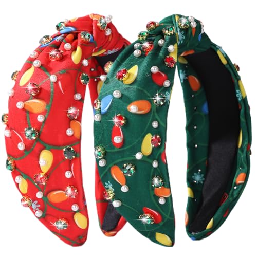 2 Pack Christmas Headband for Women Pearl Rhinestone Crystal Jeweled Xmas Flower Embellished Ladies Wide Top Knot Red Green Makeup Hair Hoop Accessory Holiday Party Costume Decor Prezzie