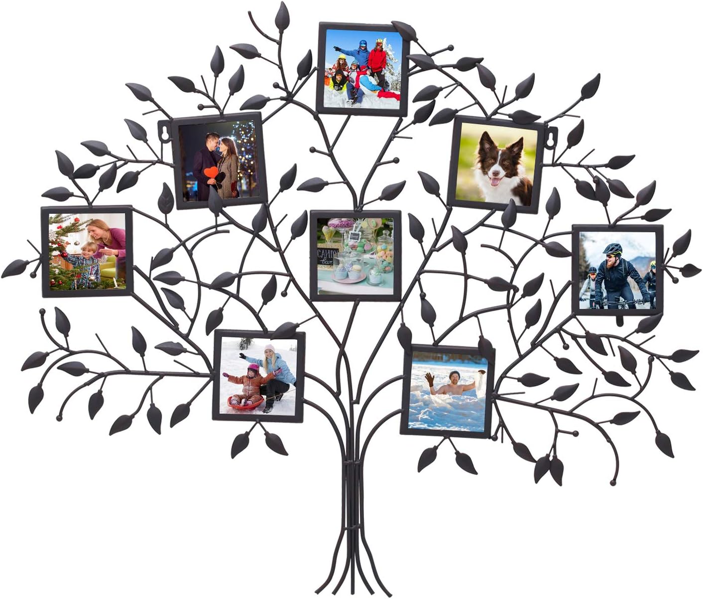 Adeco PF0566 Family Tree Metal Wall Hanging Decorative Collage Picture Photo Frame, 8 Openings, 4x4 Each, Black with Antique Finish