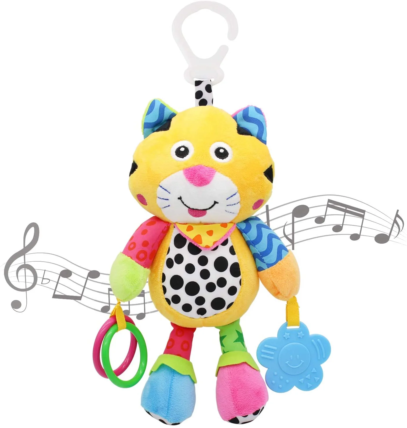 Baby Car Seat Toys with 24 Music and Teether, Infant Soft Plush Rattle, Early Development Hanging Stroller Toys for 0, 3, 6, 9, 12 Months Newborn Boys Girls Gifts (Tiger)