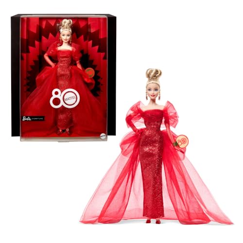 Barbie Signature Doll, Mattel 80th Anniversary Collectible in Glittery Red Tulle Gown with Drop Earrings and Sheer Gloves, Blonde Hair