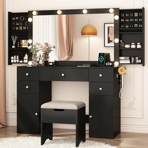 Vanity Desk with Lighted Mirror & Power Outlet, Makeup Vanity Table with 5 Drawers & 2 Cabinets, Large Vanity Set with Stool, Glass Top, Sliding Jewelry Storage Shelves, for Women Girls, Black
