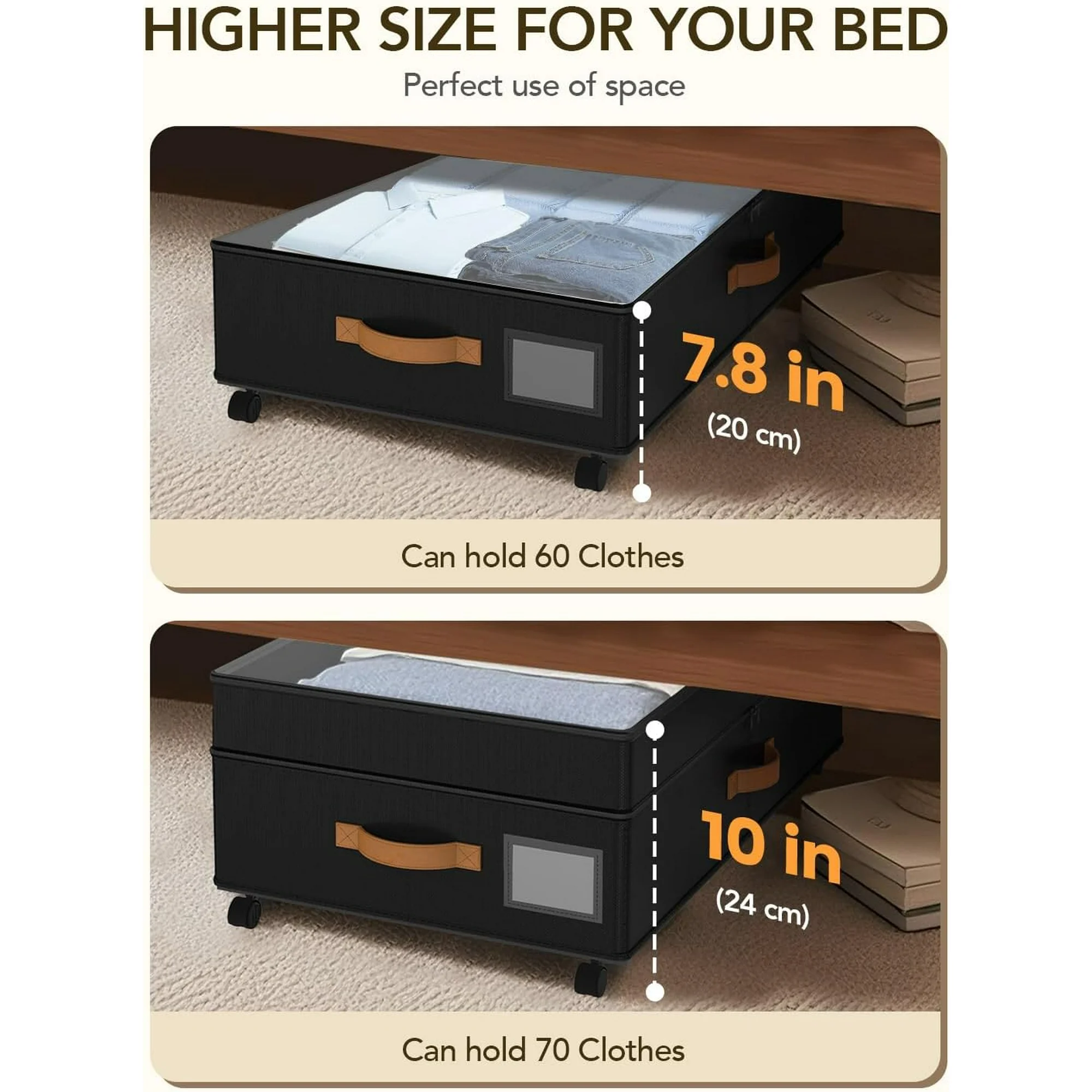 4 Pack Under Bed Storage with Wheels, Adjustable Height Storage Containers, 10 inches Large Capacity Rolling Underbed with Lids, Storage Drawers Shoes, Clothes, Blankets, Black