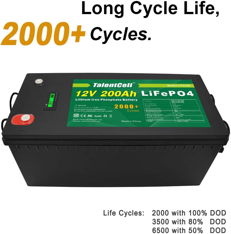 TalentCell 12V 200Ah Lithium Iron Phosphate Deep Cycle Battery Pack, Rechargeable LiFePO4 Batteries Over 2000 Cycles, Built in 200A Cell Balance Board BMS Charger Module