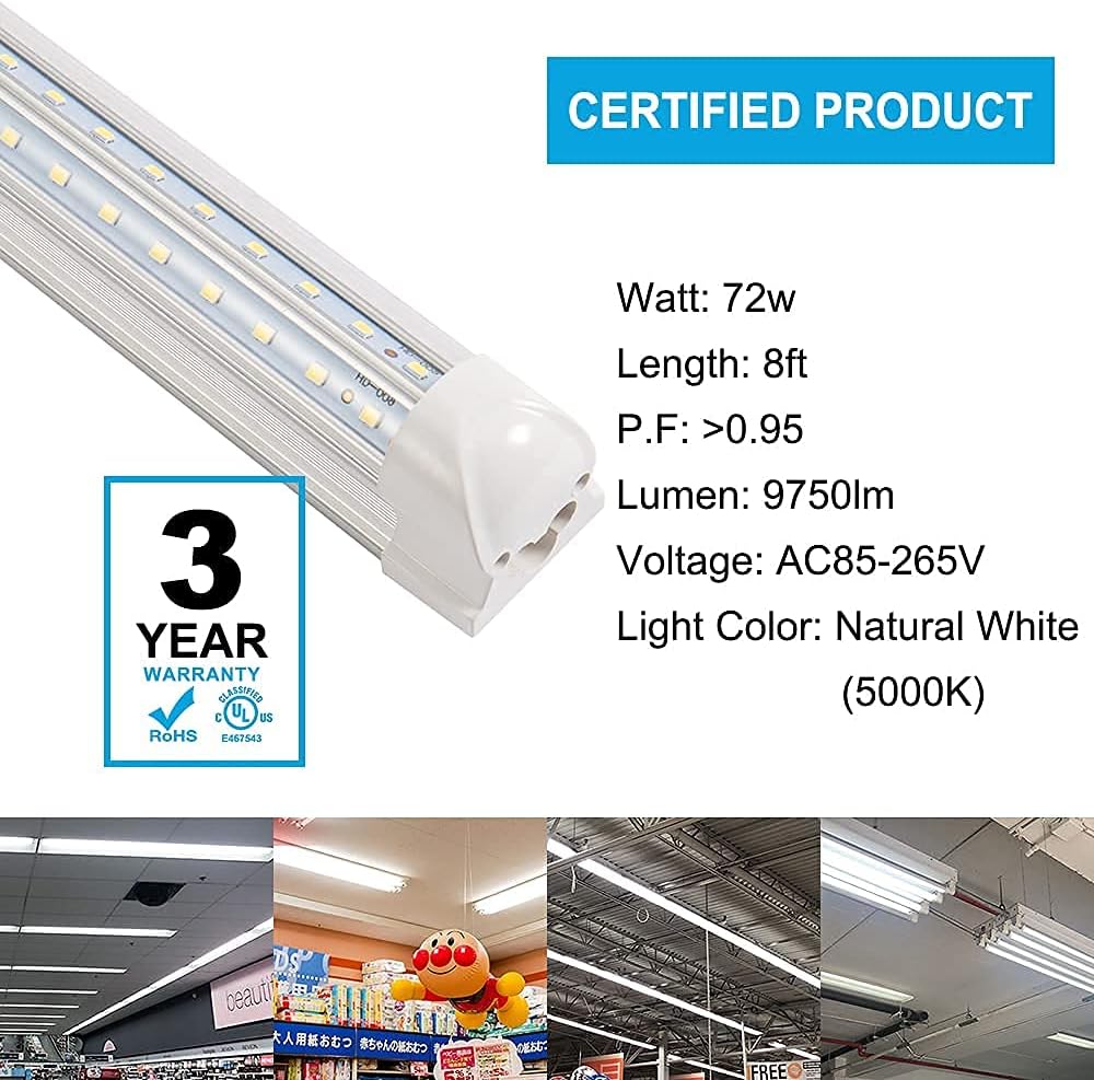 8FT LED Shop Light 8 Foot Led Lights 72w 8500LM 5000K LED Shop Light 8ft, 96'' T8 Integrated LED Tube, Linkable Led Bulbs for Garage, Warehouse, v Shape Clear Lens (10-Pack)