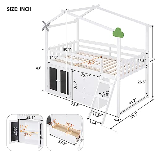 CITYLIGHT Twin Size House Loft Bed with Storage Cabinet and 3 Drawers, Wood Loft Bed Twin with Roof, Blackboards and Guardrail, Kids Playhouse Bed Twin for Teens, Boys, Girls, Grey