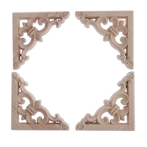 4pcs Natural Wood Carved Corner Onlay Applique Frame | Furniture Decal Embellishment Decor | Unpainted Wooden Decal for Home Wall Door Cabinet | Vintage Style - Wood, 8x8cm