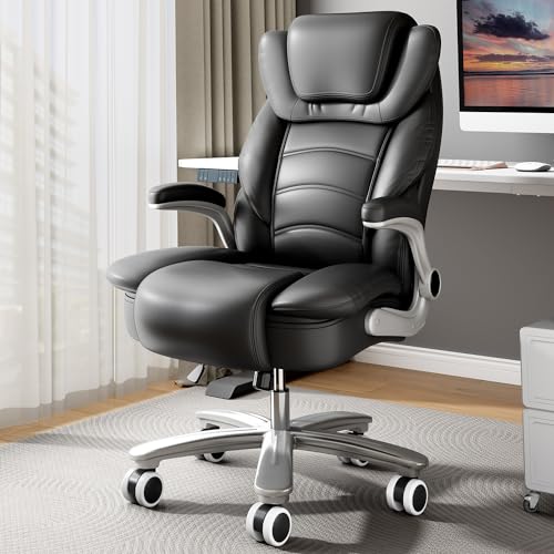 Big and Tall Office Chair 400lb Wide Seat, High Back Leather Executive Office Chair with Flip-up Arms, Ergonomic Computer Desk Chairs for Home Office, Brown