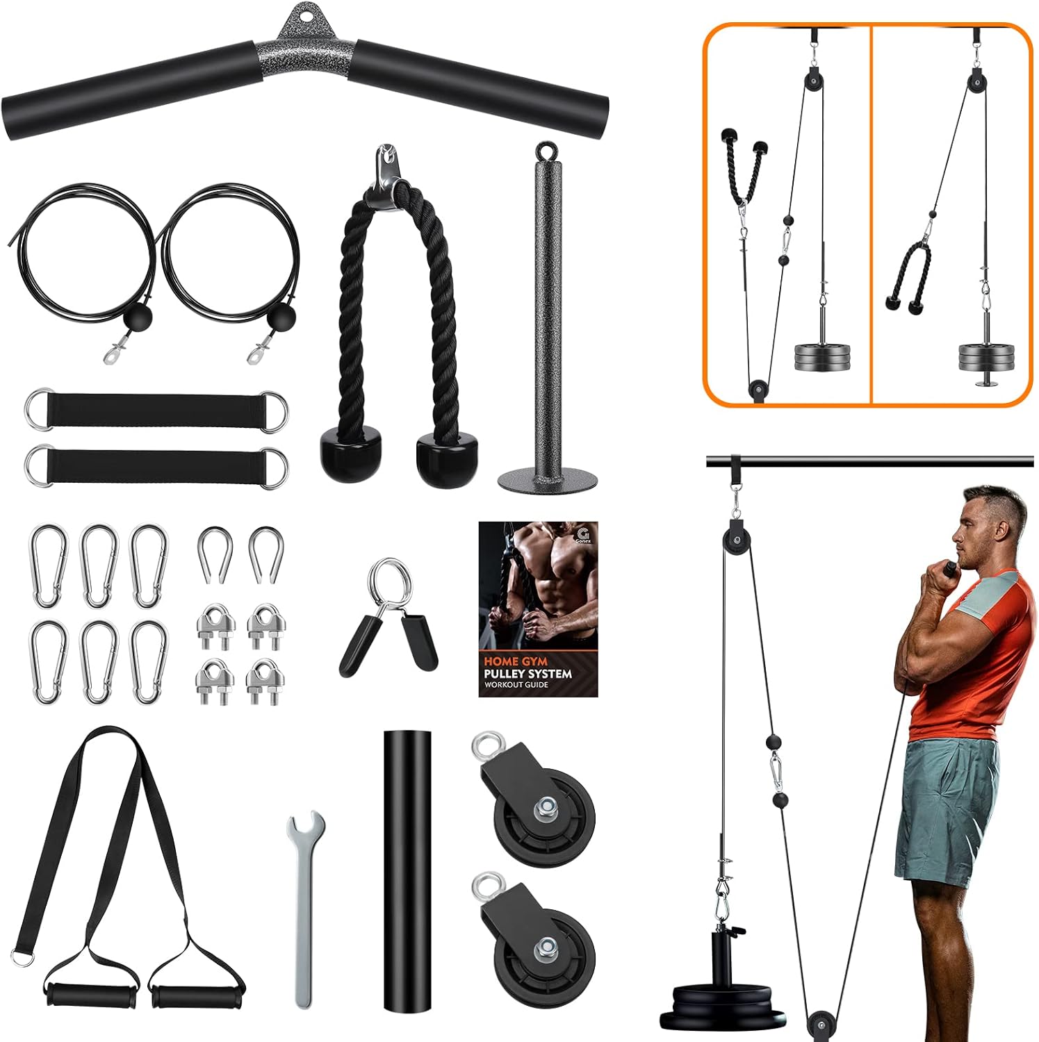 Gonex Pulley Cable System Gym, Upgraded 2 Weight Cable Pulleys Attachments for Tricep Bicep Forearm LAT Lift Pull Down, Workout Pulley Pro Cable Machine Equipment for Home Gym Fitness Exercise