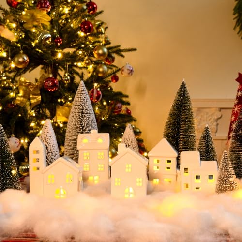 Ceramic Christmas Village Houses 5 Pcs White Houses & 9 Pcs Trees & Fake Snow Farmhouse Christmas Decorations Indoor for Home Table Mantle Fireplace