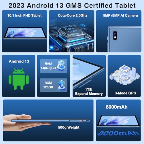 Oangcc Tablet Android 13 Tablets 10 Inch 14GB RAM 128GB ROM 1TB Expand with Keyboard, Mouse, Case, 8000mAh Battery, Octa-Core, GPS, 5G/2.4G Wi-Fi, Bluetooth 5.0, IPS HD Display (Gray)