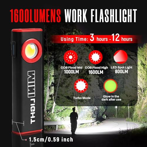 lexall LED Work Light, 1600 Lumens Mini Magnetic Flat EDC Flashlight with Clip, 3 Modes Portable Ultra-Light Bright Waterproof Pocket Light for Working, Camping, Repairing, Emergencies (2, Ruby red)