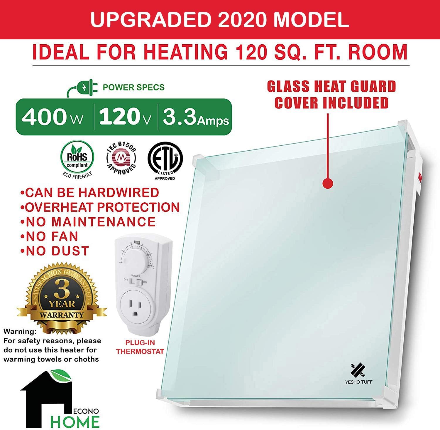 EconoHome Wall Mount Space Heater Panel - with Thermostat and Glass Heat Guard Cover - 400W Convection Heater - For 120 Sq Ft Room - 120V - Save On Your Home Heating Costs - Overheat Protection