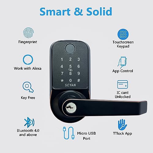 Smart Door Lock, Scyan X1, 5 in 1 Fingerprint Biometric Door Lock, Touchscreen Keypad Door Lock, Key Fob, Auto Locking, for Office, Home, Airbnb, Rental House (Brush Nickel)