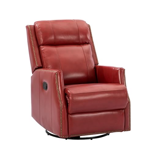 Genuine Leather Recliner - Manual Recliner Chair with 360 Degrees Swivel and Reclining Function, Wingback Recliner Chair with Nailhead Trims, Swivel Recliner Chairs for Living Room (Red)