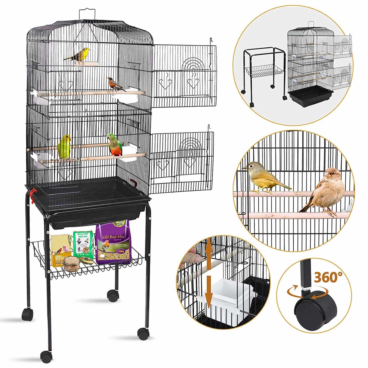 Zenstyle 59.3'' Bird Cage with Rolling Stand Wrought Iron Birdcage Medium Pet House, Black - Pet Supplies online store
