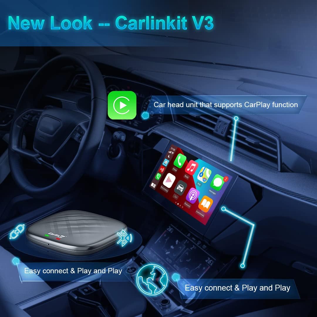 CarlinKit V3 Ai Box Wireless CarPlay & Wireless Android Auto Car Adapter - Play & Plug - Wirelessly Connect The Screen of car to Smartphone,for Cars from 2015-2022