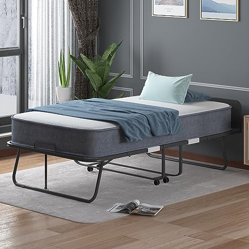 Folding Bed with Mattress for Adults, Portable Rollaway Guest Beds with 4