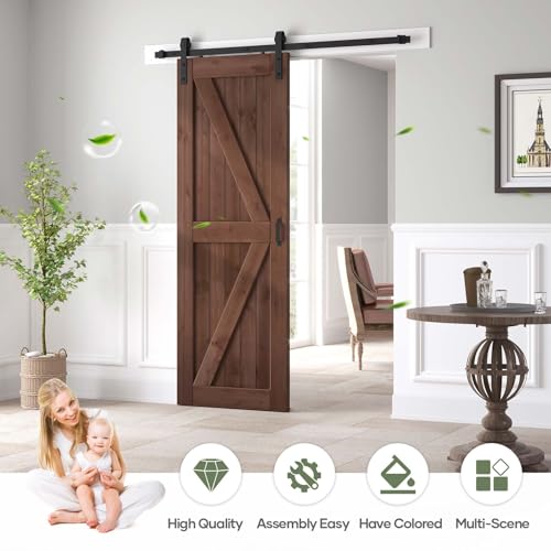 36x84 inch Sliding Barn Wood Door Slab with 6.6ft Hardware Kit and Handle, Coffee, K Shape, Simple DIY Assembly