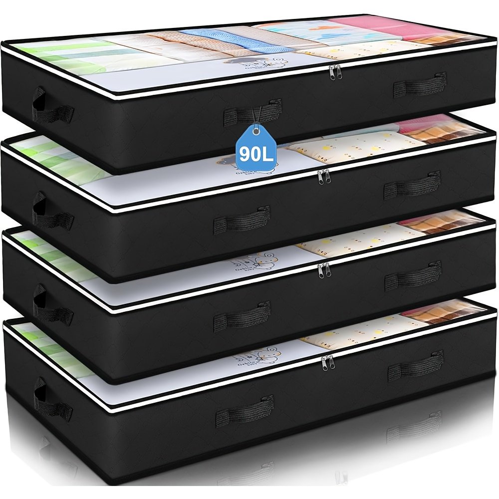 4 Pack Under Bed Storage Containers - Large Capacity Foldable Fabric Bins with Clear Window - Classic Rectangular, Multi-Purpose for Bedroom Organization & Storage