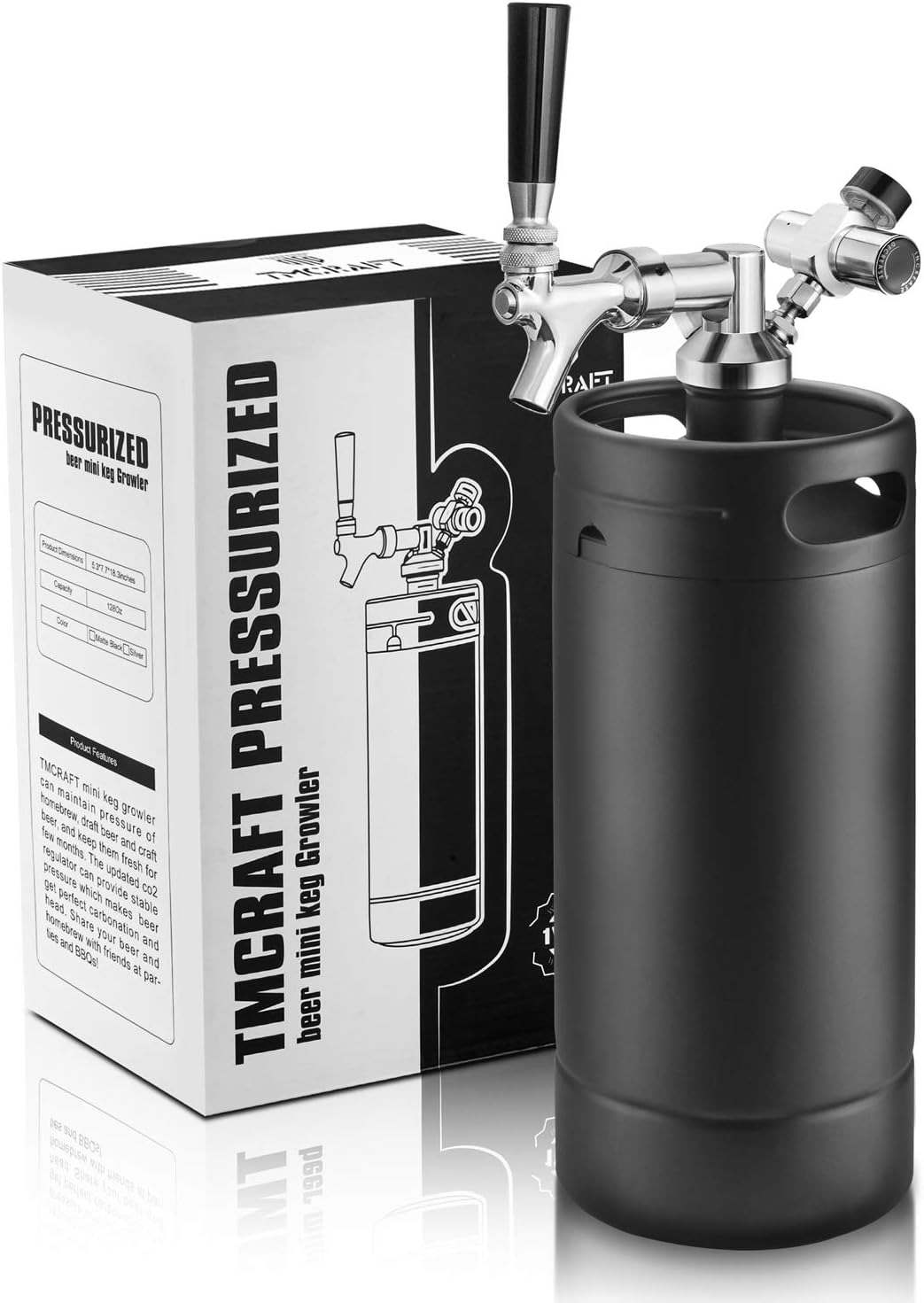 TMCRAFT 128oz Growler Tap System, Pressurized Stainless Steel Mini Keg with Cooler Jacket, Portable Home Dispenser System to Keep Fresh and Carbonation for Draft, Homebrew and Craft Beer (Matte Black)