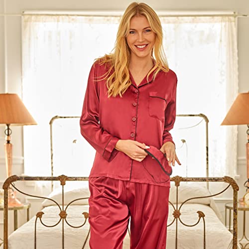 Alexander Del Rossa Long Sleeve Satin Pajama Set for Women, Satin PJs for Women Set, Womens Satin Pajama Set