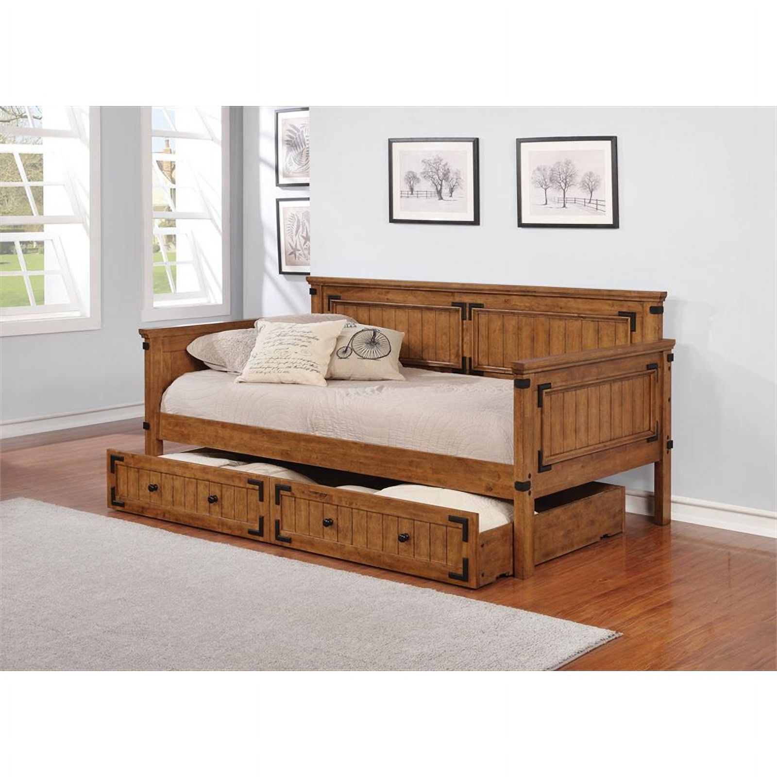 Pemberly Row Farmhouse Solid Wood Twin Daybed in Brown Finish