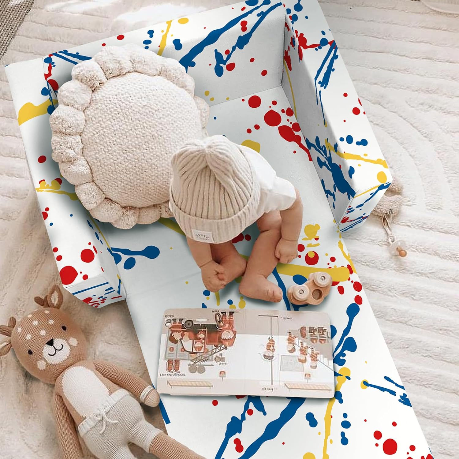 Kids Sofa, Children's Extra Wide Convertible Sofa to Lounger - Extra Soft 2 Seats 2 in 1 Flip Open Chair & Sleeper, Cute Dinosaur Print +Fold Out Flip Out Kids Sofa(Drip Painting)